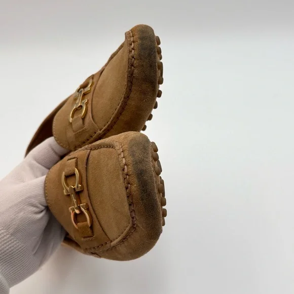 Salvatore Ferragamo Gancini Suede Driving Loafers Tan Gold - Picture 7 of 9